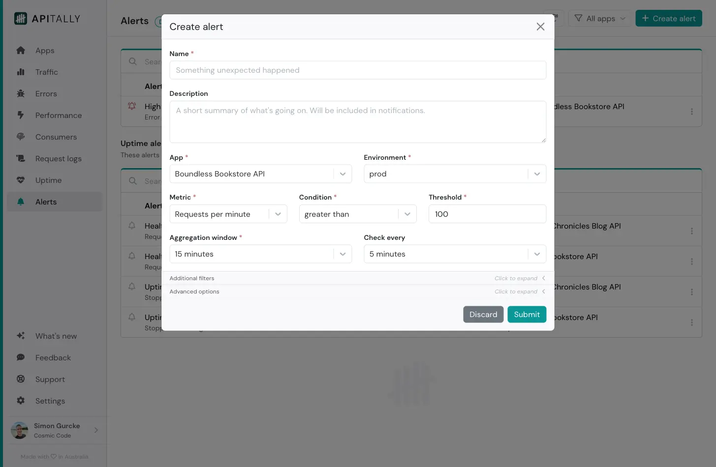 Create alert modal