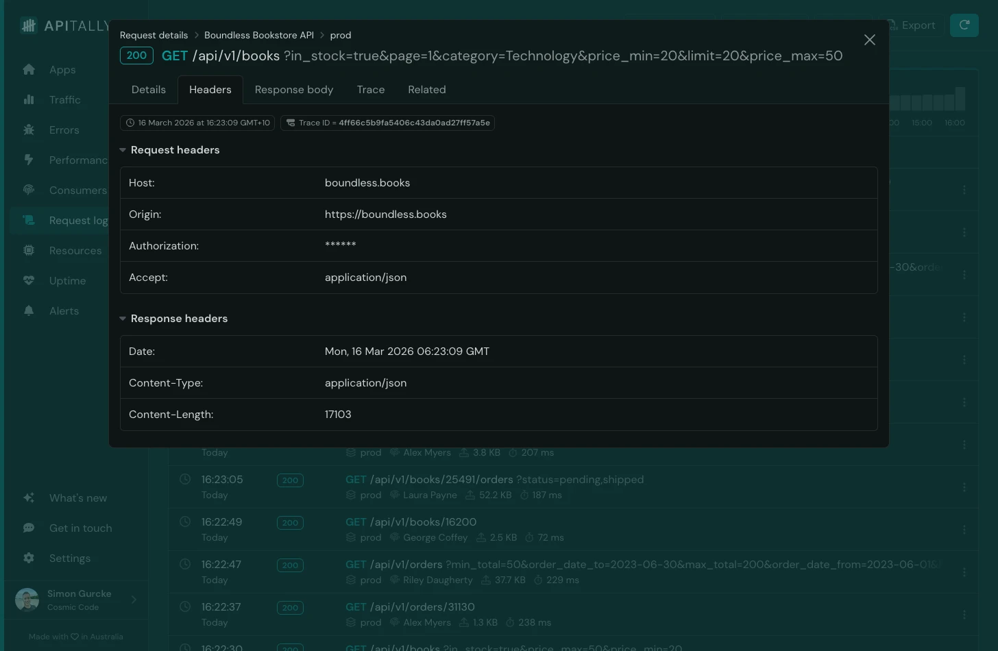 Headers in request log item