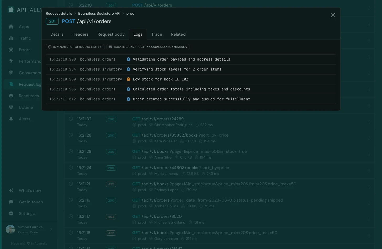 Correlated application logs in request log item